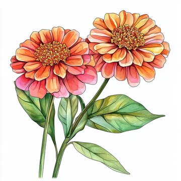 recommend clip art: Zinnia Flower Line Art with Watercolor Leaves Elegant Floral Design for Branding and Decoration