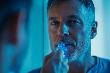Middle aged man rinsing mouth with blue mouthwash, standing in bathroom in front of mirror. Teeth and oral care, Generative AI