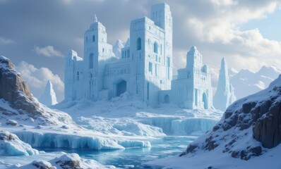 Majestic ice castle in a winter landscape