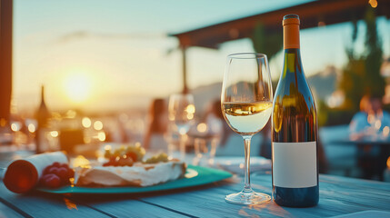 Elegant wine glass and bottle at sunset rooftop dinner, culinary delight