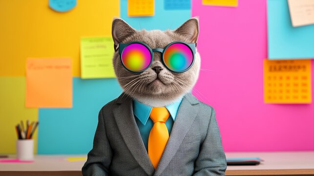 Cat wearing sunglasses and a tie sits at a desk with a calendar on the wall. The cat's outfit and the presence of the calendar suggest a professional or business setting