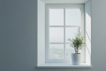 Fototapeta premium Window with a plant in a white pot on sill