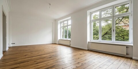Obraz premium Versatile Empty White Room with Wooden Floor and Large Window for Studio or Office Space