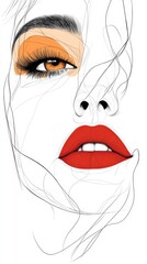 Blind Contour Continuous Line Drawing of Beautiful Woman's Face with Vibrant Red Lips and Makeup, Close-Up, Artistic Illustration, Generative AI