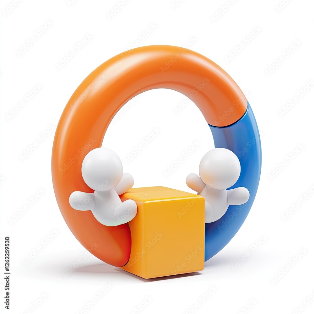 Poster Two figures interacting with a colorful pie chart and cube on white background