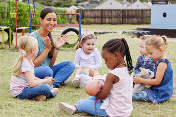 Playground, teacher and children with toys for kindergarten, playing and relationship development....