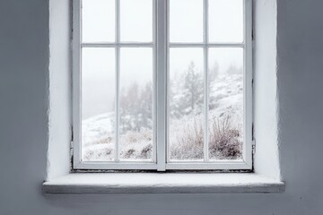 A white framed window looks out onto a snowy landscape
