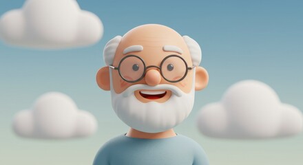 Charming 3D Cartoon Senior Man with Glasses Amidst Fluffy Clouds