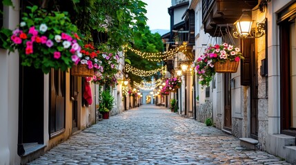 Fototapeta premium Charming Cobblestone Street Decorated With Hanging Flowers And Lights