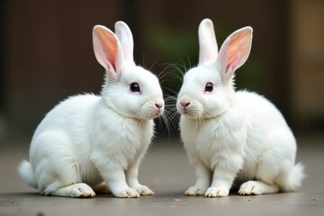 Obraz premium White rabbits; sitting, standing, and lounging Soft fur, bright eyes , peaceful, standing