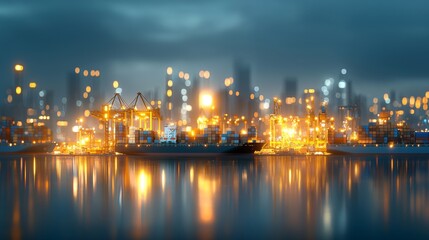 Naklejka premium Shipping yard operations city harbor industry scene nighttime cityscape aerial view urban logistics and infrastructure