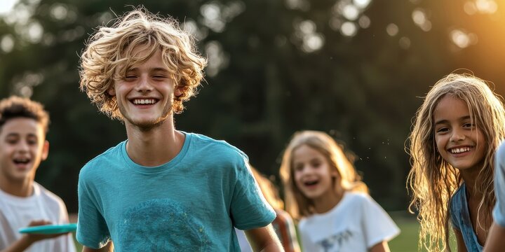 group of friends playing frisbee in a public park, diverse ethnicities, vibrant atmosphere,.