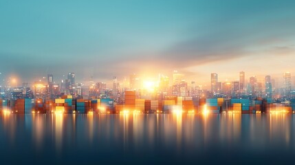 Fototapeta premium Dynamic urban sunset over shipping containers modern city skyline landscape photography vibrant reflection aesthetic viewpoint urban development concept
