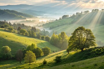 Obraz premium A nature background showcasing a dense forest with towering trees, dappled sunlight filtering through the leaves, and a carpet of wildflowers, capturing the essence of untouched natural beauty.