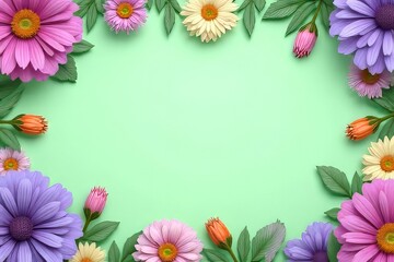 Fototapeta premium Vibrant Floral Border on Mint Green Background