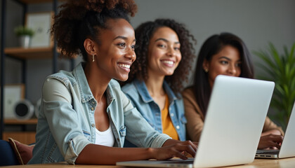 Fototapeta premium Three Women Working Together on Laptops