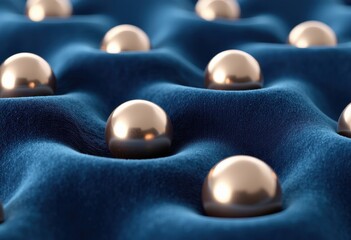 3D Render: Intricate Metallic Spheres on Luxurious Blue Velvet Surface. A group of llic spheres on a blue velvet surface.