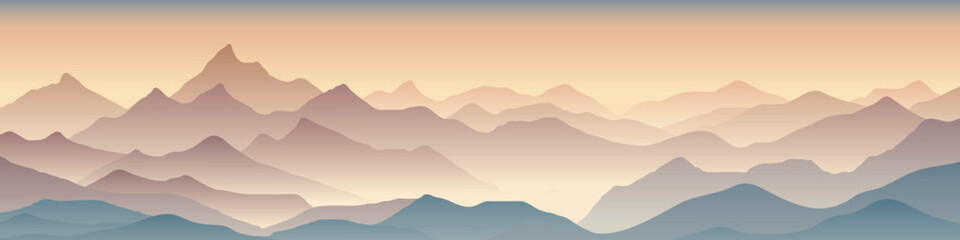 Sunrise in the mountains, morning light and fog, vector illustration, panoramic view