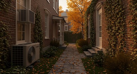 Fototapeta premium Backyard heat pump installation beside a garden pathway in autumn