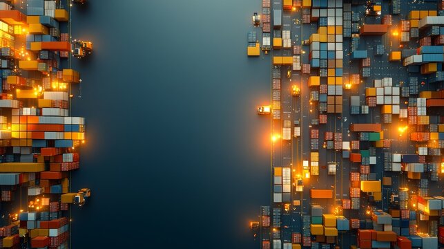 Container loading action global shipping yard digital art industrial environment aerial viewpoint supply chain dynamics for seo impact