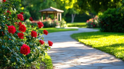 Red Roses Bloom Beside Garden Path Gazebo View