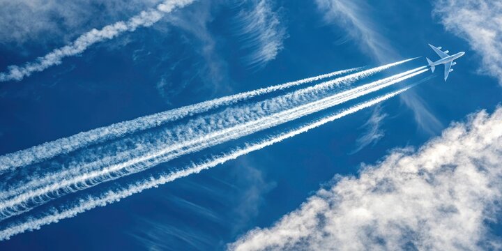 White Airplane Chemtrails in Blue Sky - Geoengineering Concept with Macro Photography Focus on Atmospheric Effects and Environmental Impact