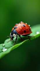 Obraz premium Ladybird covered in glistening dew, perched on lush foliage, spring, fauna