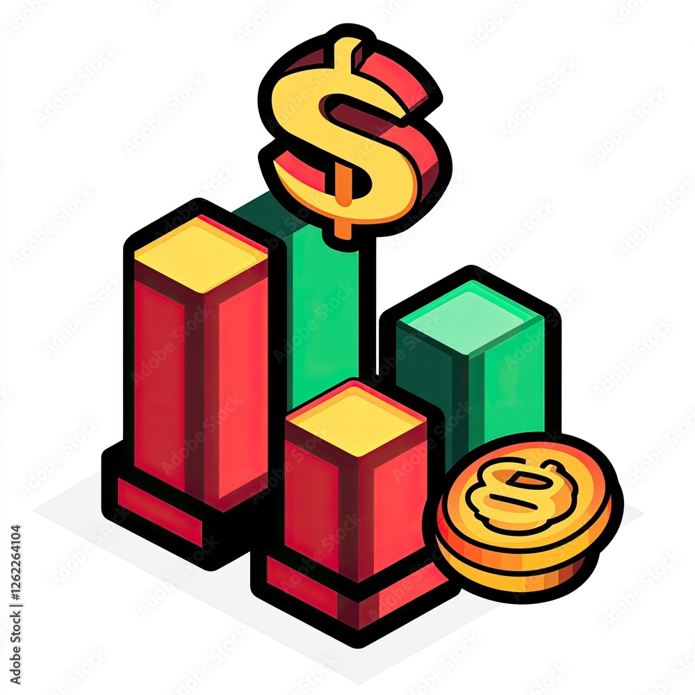 Poster isometric financial chart with dollar signs and increasing values