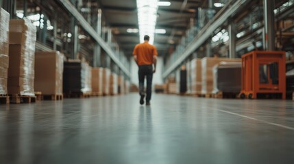 Obraz premium Factory worker walking aisle, cardboard boxes, industrial background, logistics
