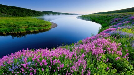 Fototapeta premium Serene River Landscape With Blooming Wildflowers