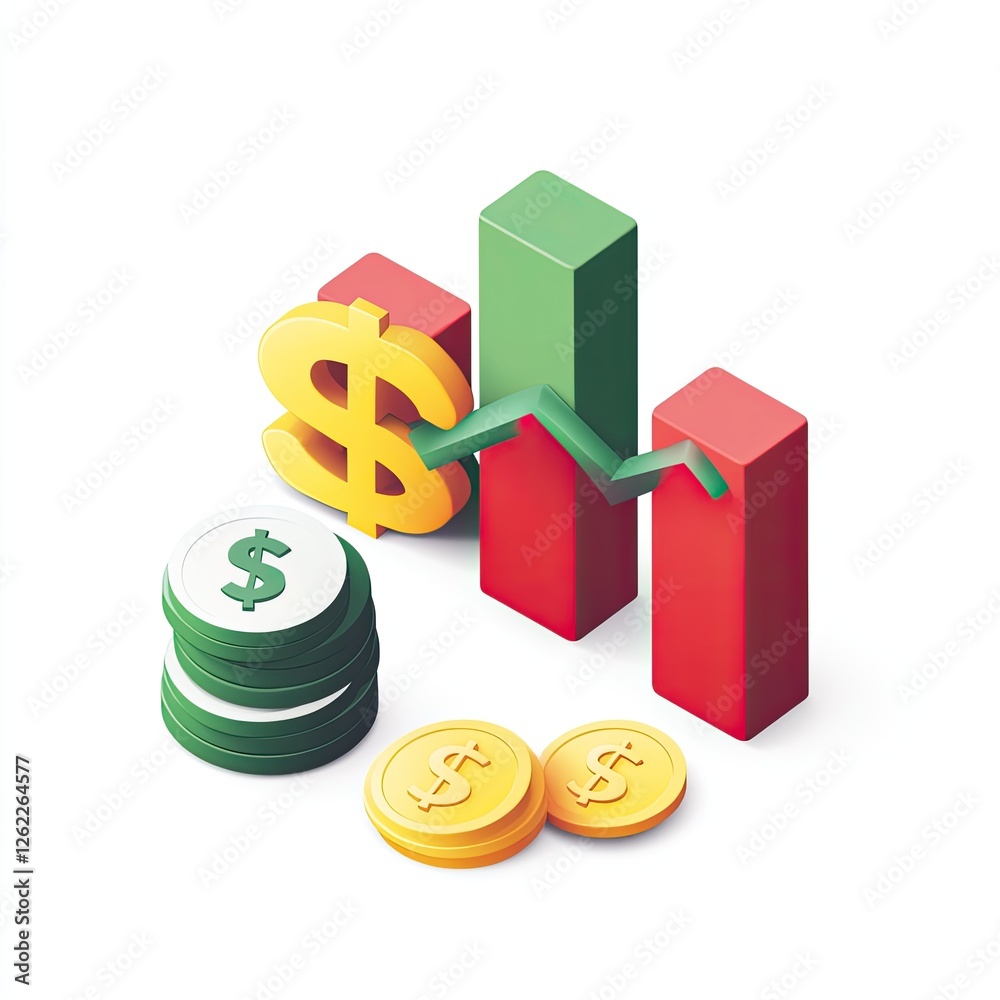 Poster isometric financial graph showing fluctuating dollar values