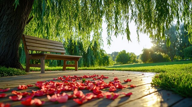 Wooden Bench Under Willow Tree With Scattered Petals
