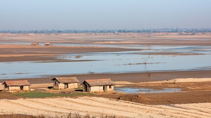 Rural huts near dried-up lake, Bangladesh