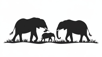Fototapeta premium Family of Elephants Walking Silhouetted Against a White Background