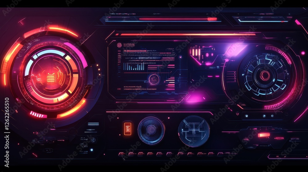 Poster futuristic user interface with neon lights and data visualization elements