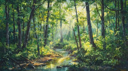 Obraz premium Sunlit Forest Stream: A Serene Woodland Escape