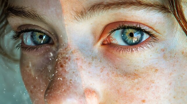 A close-up of a person's face with a fnt double exposure, showing conflicting emotions in their eyes.