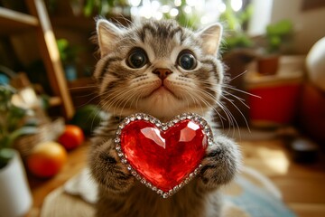American curl - my cherished cat, symbol of care. Advertising furry friend visual idea. Cute american curl feline infant with sparkling rhinestones red heart at cozy quarters. Sweet pet love.