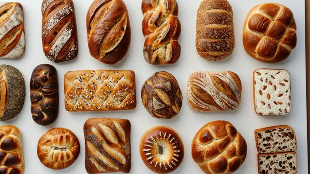 Diverse types of bread arranged beautifully, highlighting textures and colors, perfect for culinary inspiration or bakery ideas