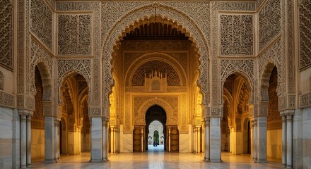 Obraz premium Intricate archways and detailed door design in a historic palace courtyard during sunset