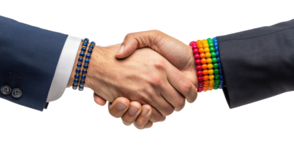Two hands in a handshake, showcasing unity and professionalism with colorful bracelets.