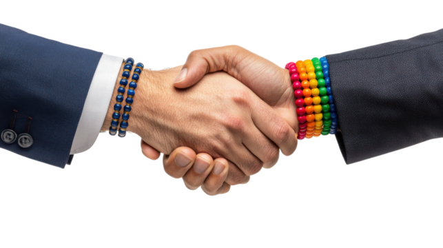 Two hands in a handshake, showcasing unity and professionalism with colorful bracelets.