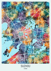 Obraz premium Suzhou China Map. downtown printable Landmarks, print city painting, travel art, city banner, modern city, urban city art, background abstract city Map