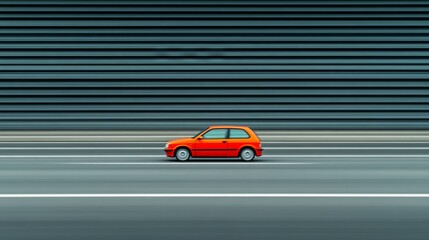 Obraz premium Orange car driving on highway, metal wall background