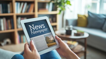 person holding a tablet with the word  News on the screen. The person is sitting on a couch and is holding the tablet in their hands. The background is blurred 