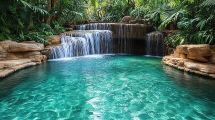 Naklejka premium Secluded tropical waterfall cascading into a crystal-clear pool surrounded by jungle 