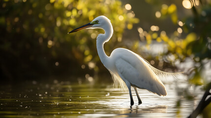 Naklejka premium graceful white heron stands in calm waters, surrounded by lush greenery and soft sunlight, creating serene and tranquil atmosphere