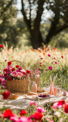 Naklejka premium A romantic picnic setup in a meadow filled with vibrant red and pink flowers, with eco-friendly baskets and biodegradable cutlery 