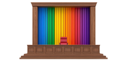 Colorful rainbow judge's bench symbolizing diversity and inclusion in justice and equality.