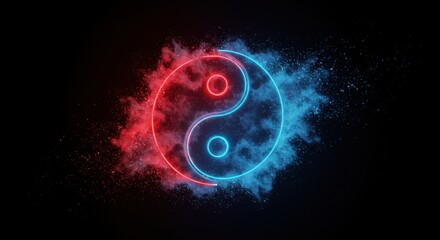 Vibrant Yin Yang Symbol with Red and Blue Energy on a Dark Background
